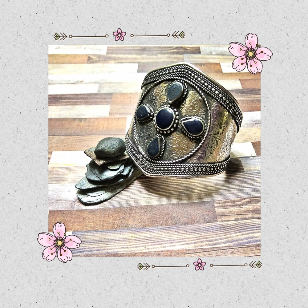 Boho Bold Silver Tone Engraved Statement Cuff Bracelet With Black Stones